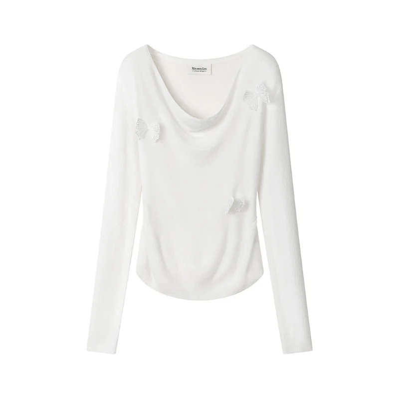 Sweet Pink 3D Butterfly Age-Reducing Knitted Top Long-Sleeve T-Shirt That Slims And Flatters Your Figure