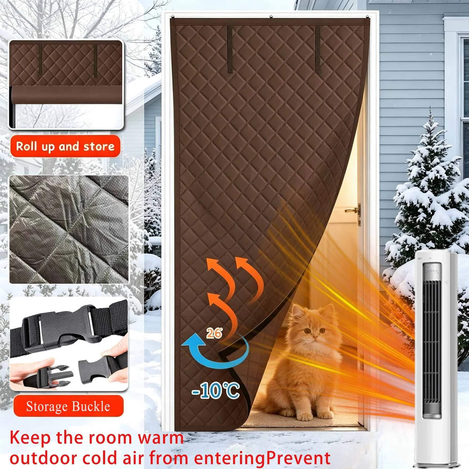Thick Oxford Cloth Diamond Grid Magnetic Thermal Insulated Door Curtain, Wind Cold Barrier Foldable Roll Up Do