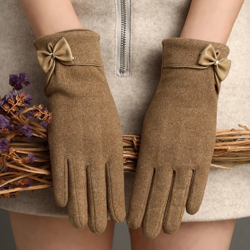 Touch Screen Warm Gloves for Women - Fleece Lined De Suede Bow