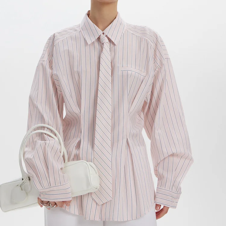 Turn-down Collar Long-sleeve Striped Shirt With Tie