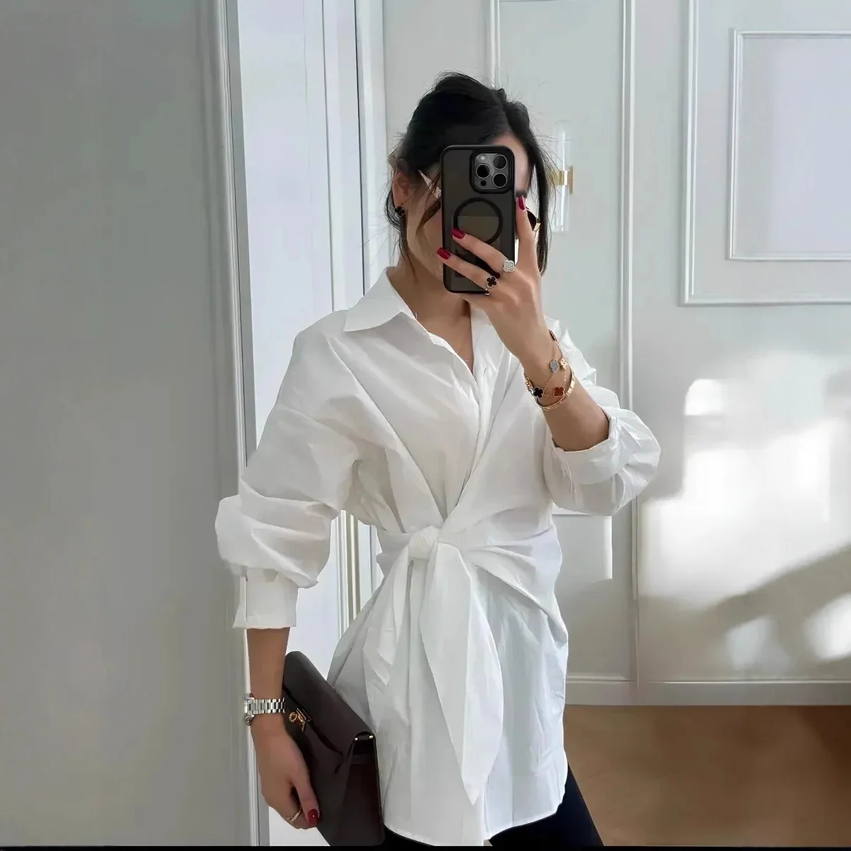 Turn-down Collar Single-breasted Tie-waist Slimming Shirt