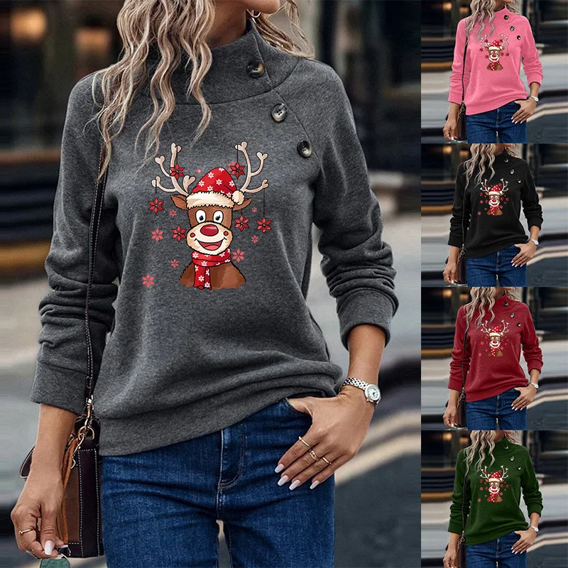 Turtleneck Buttons Christmas Deer Loose Sweater Female