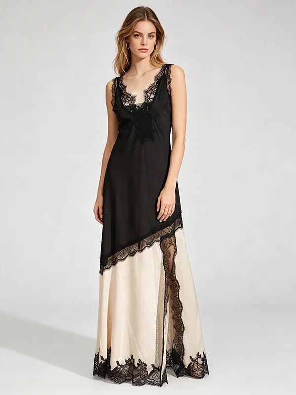 Two-tone Satin Lace Slip Maxi Dress