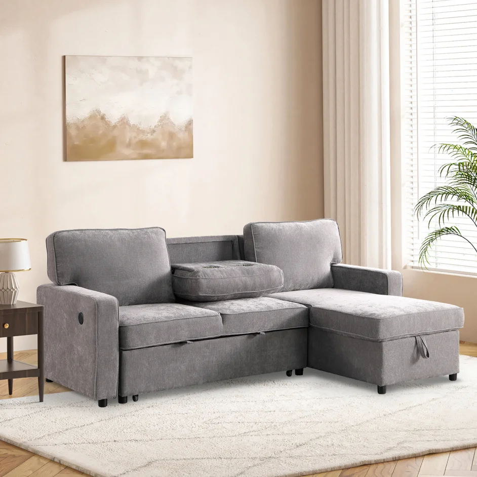 Upholstery Sleeper Grey Sectional Sofa with Storage Space, Usb Port, 2 Cup Holders on Back Cushions