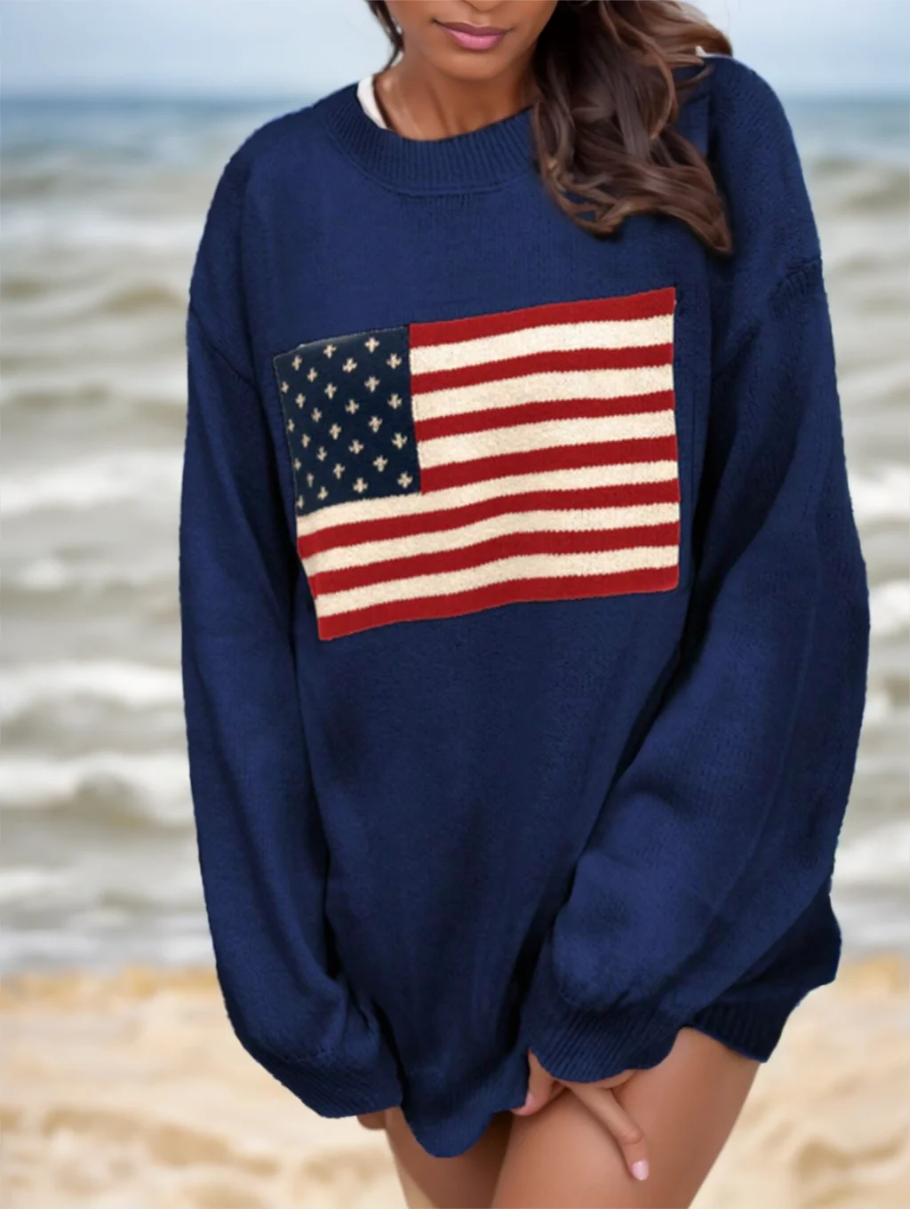 Usa Flag Design Drop Shoulder Sweater,Long Sleeve Tops