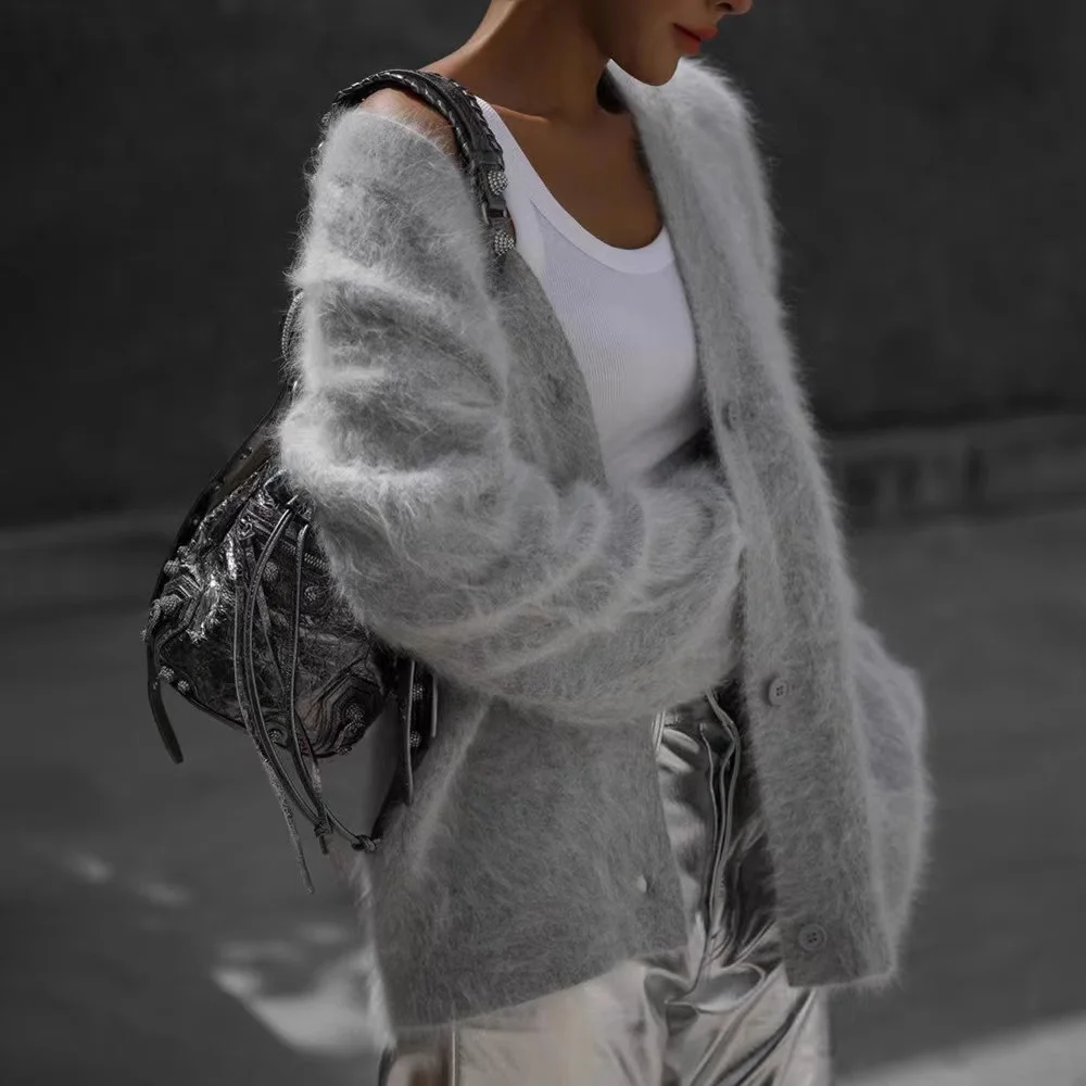 V-neck Faux Mink Fur Sweater Coat Women Fluffy Knitted Cardigan