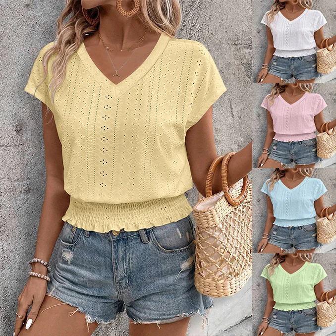 V-neck Hollow-out Smocking Short-sleeved T-shirt Casual Top
