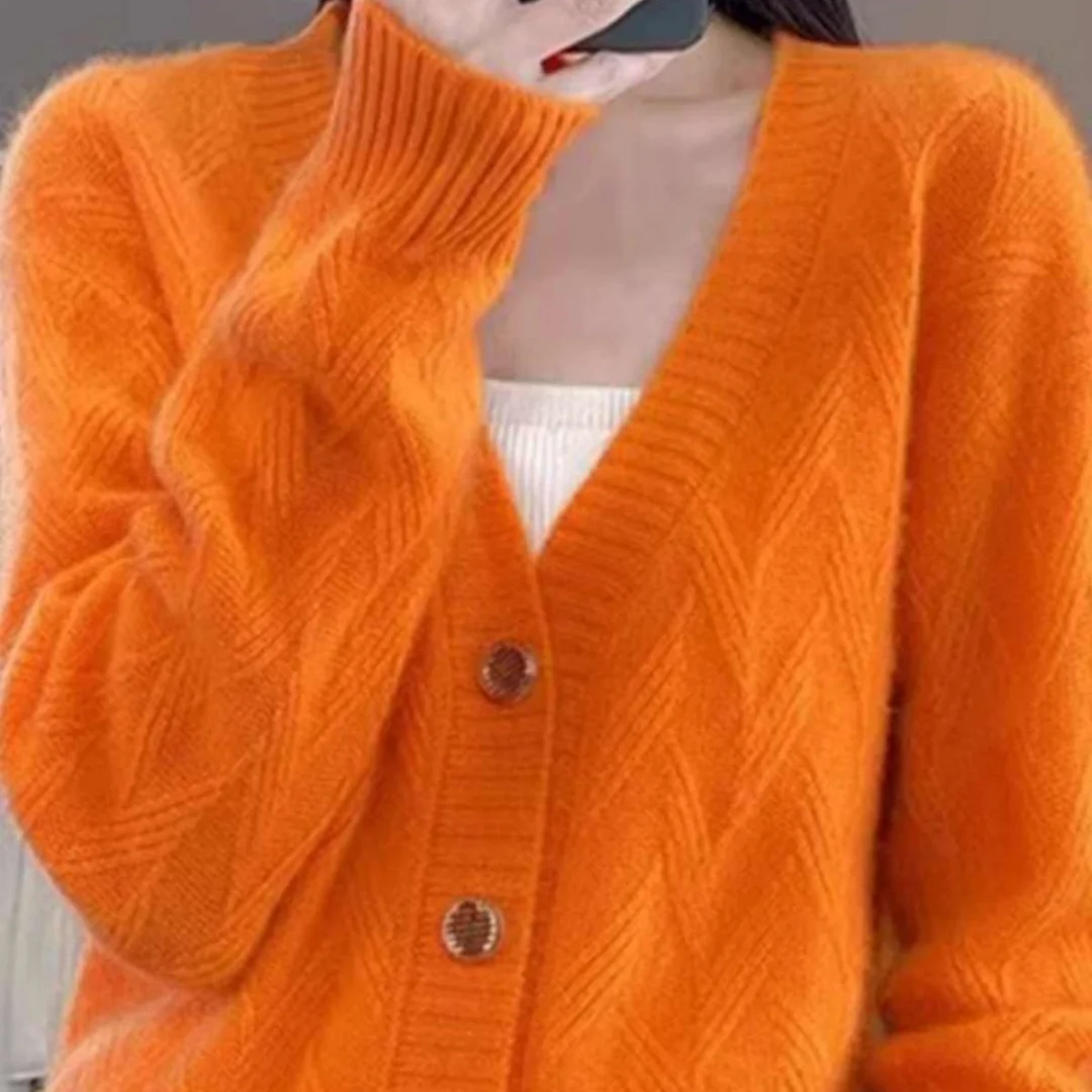 V-neck Long-sleeved Knitted Cardigan Simple and Loose-fitting Sweater Coat
