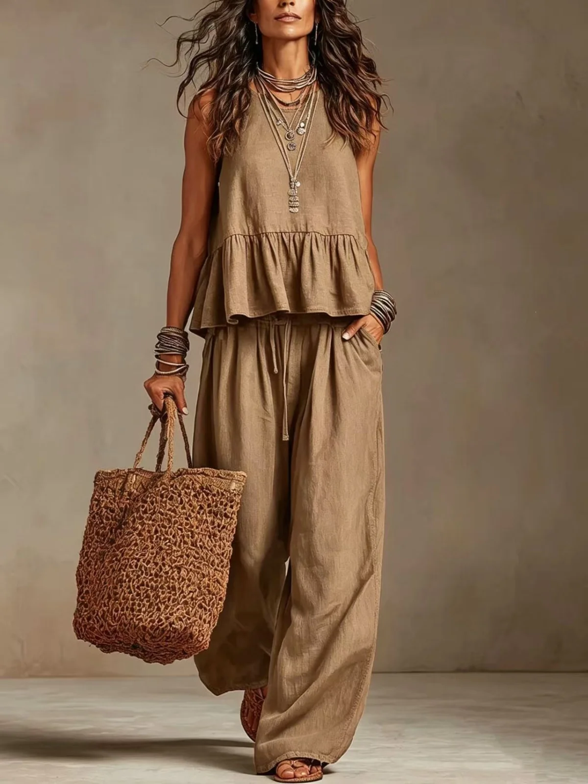 V-neck Ruffle Hem Sleeveless Crop Top & High Waist Wide Leg Linen Pants Two Piece Outfit Set