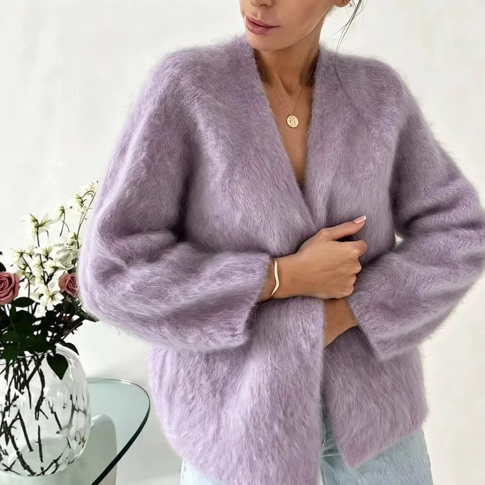 V-neck Sweater Coat Womens Knitted Cardigan Solid Color