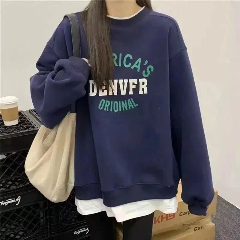 Versatile Fake Two-piece Round Neck Top Inner Sweater