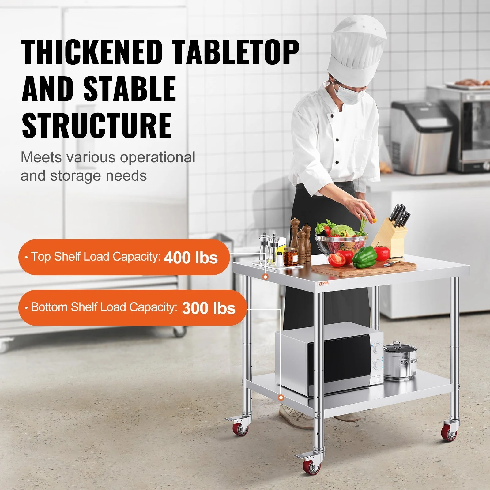 Vevor 30x36x34 Inch Stainless Steel Work Table 3-stage Adjustable Shelf with 4 Wheels Heavy Duty Commercial Fo