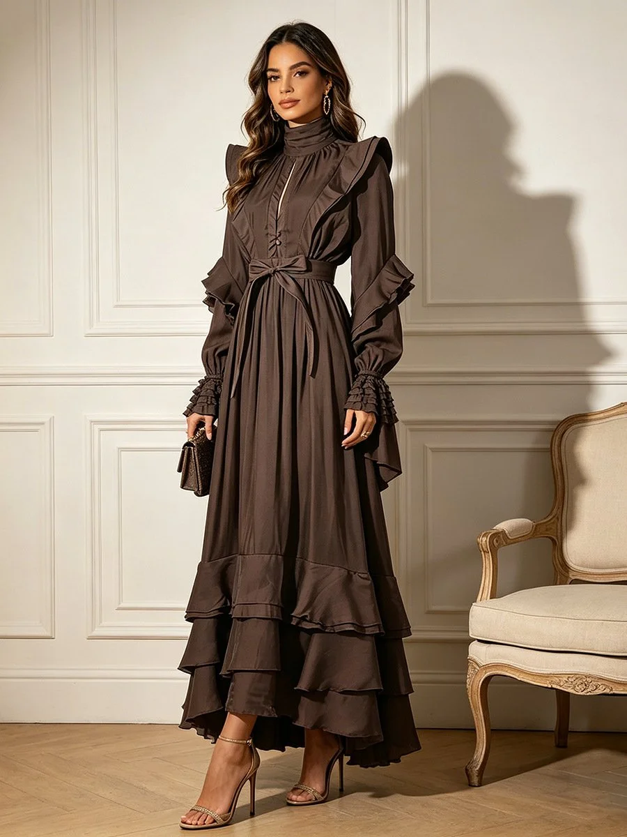 Victorian Ruffled High Neck Maxi Dress
