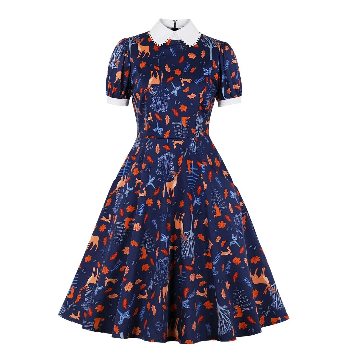 Vintage Blue Short-Sleeve Print Dress