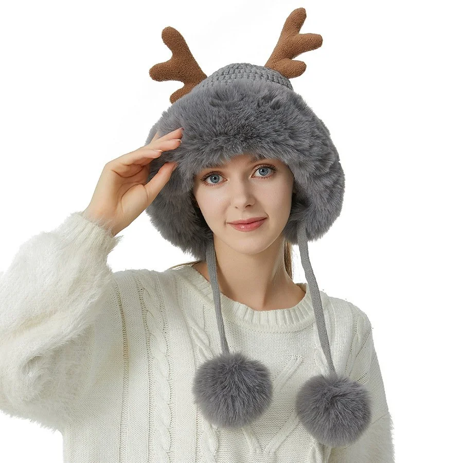 Warm Antlers Knitted Hat - Large Plush Edge Wool Beanie for Women