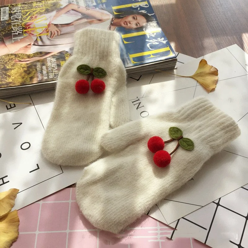 Warm Cherry Rabbit Hair Mittens for Women