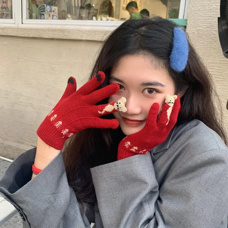 Warm Touchscreen Finger Gloves for Women - Christmas Red