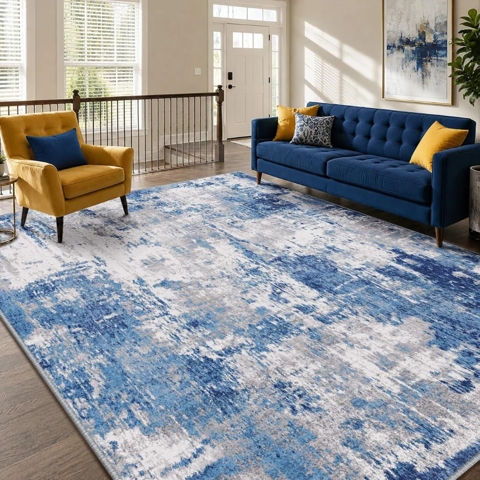 Washable 5x7 Abstract Area Rug for Living Room Blue Gray Carpet for Bedroom, Kitchen, Office, Hallway and Entr