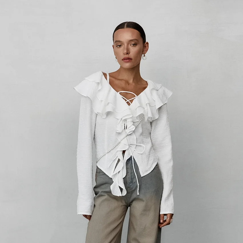 White Crepe Casual Ruffled Sexy Elegant Lace-up Long Sleeve Shirt