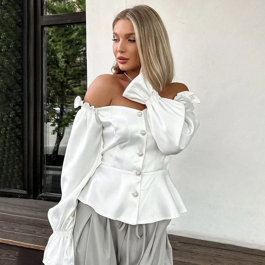 White Satin Off-Shoulder Lantern Sleeve Cropped Blouse – Elegant & Trendy