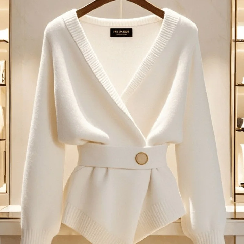 White V-neck Waist-controlled Long Sleeves Knitted Cardigan for Women