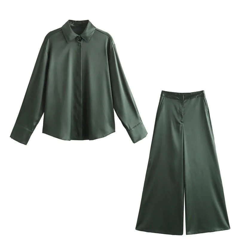 Wide Leg Satin Pants Set for Women