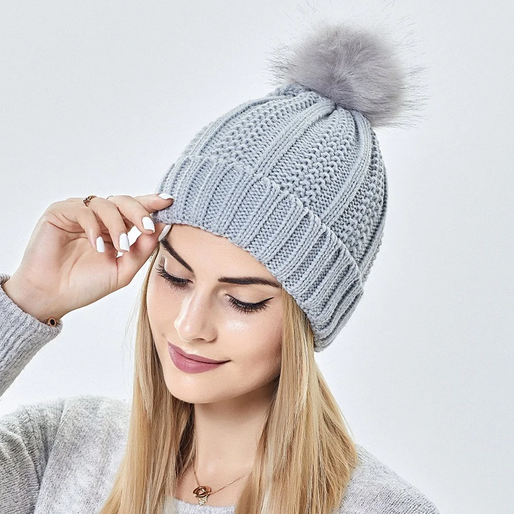 Winter Knitted Hats Fashion Stretchy Lined Skull Hats for Women Faux Fur Pom Pom Hat Keep Warming Beanie Hat