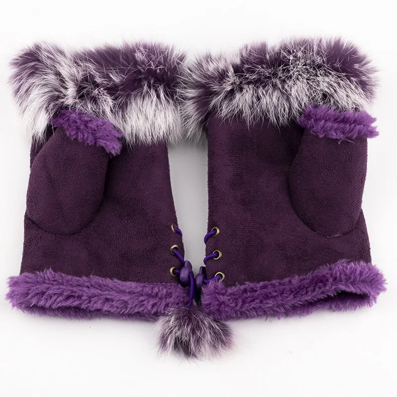 Winter Rabbit Fur Half-Finger Gloves for Women
