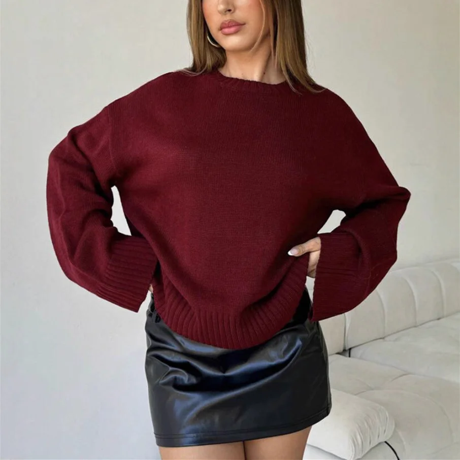 Winter Womens Loose Knitted Sweater with Round Neckline and Wide Cuffs