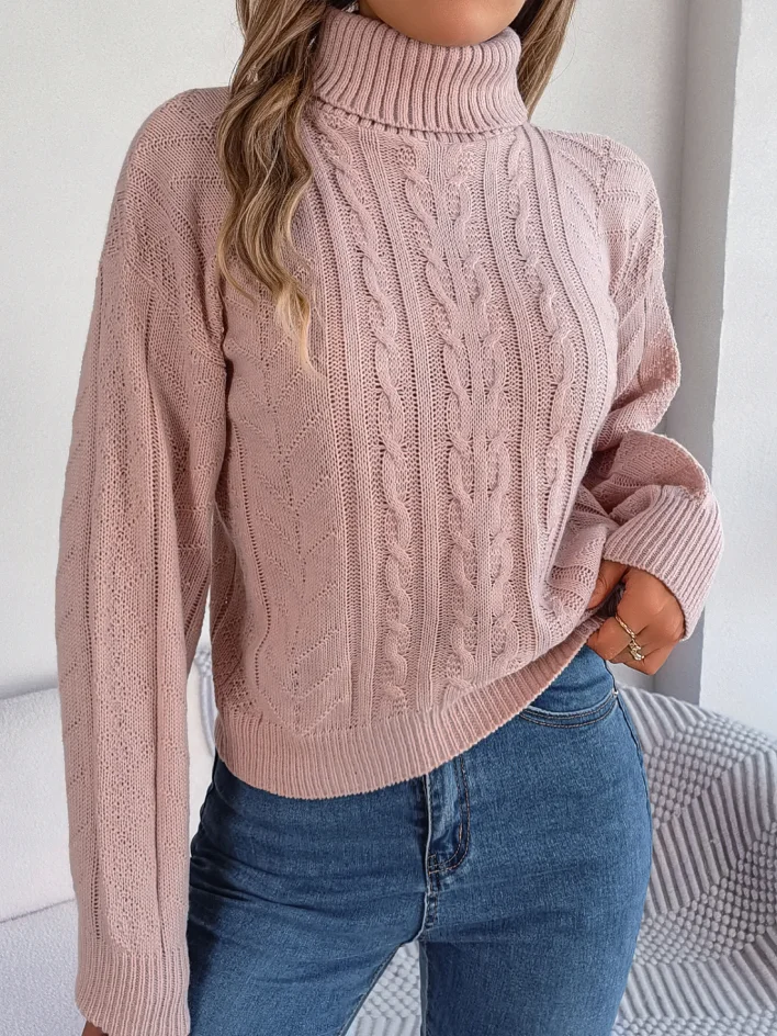 Women Casual Turtleneck Cable Knit Long Sleeve Pullover Sweater