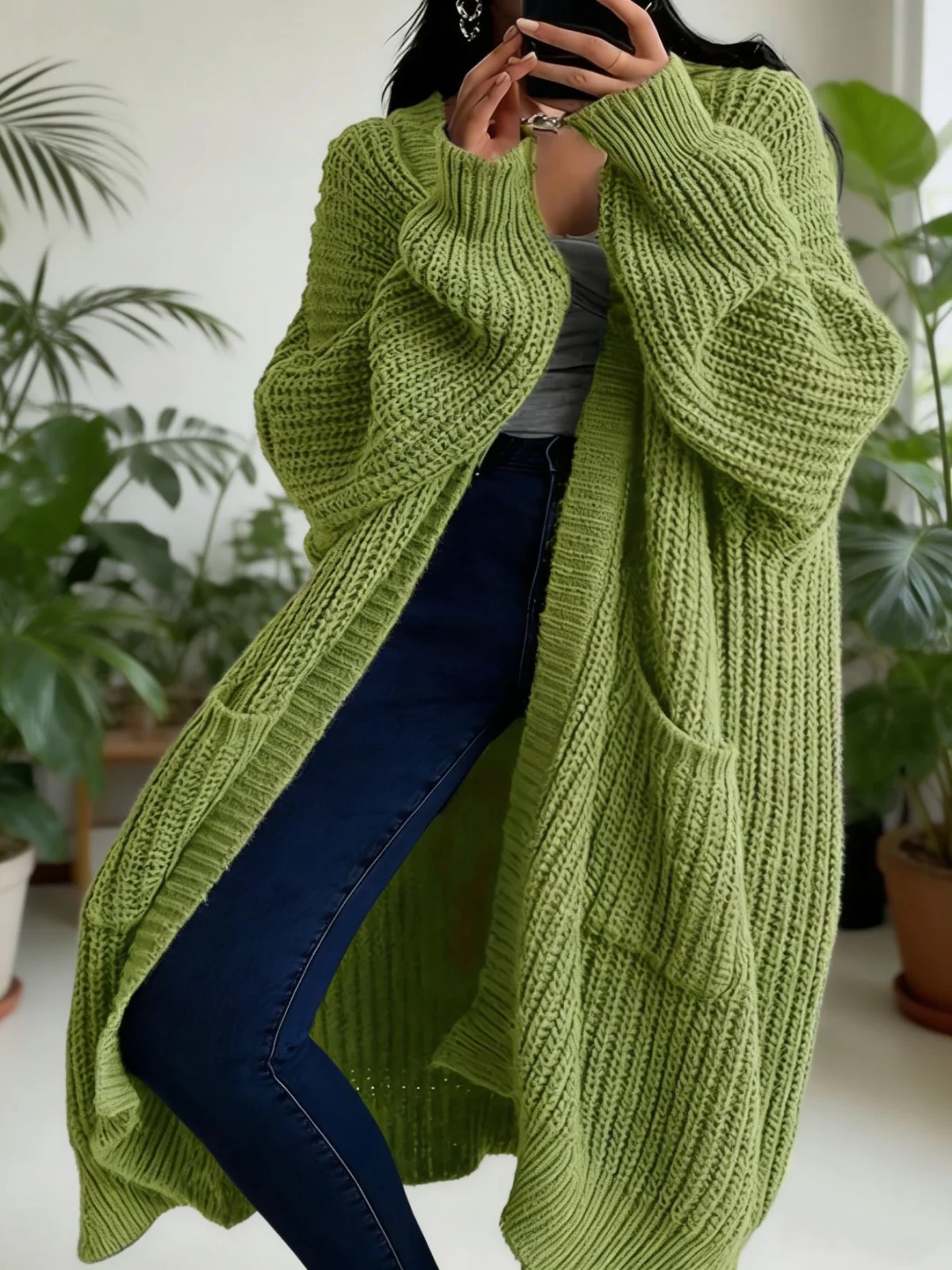 Women Long Oversized Knit Cardigan, Open Front Thick Chunky Sweater Coat with Pockets, Loose Maxi Length Fall