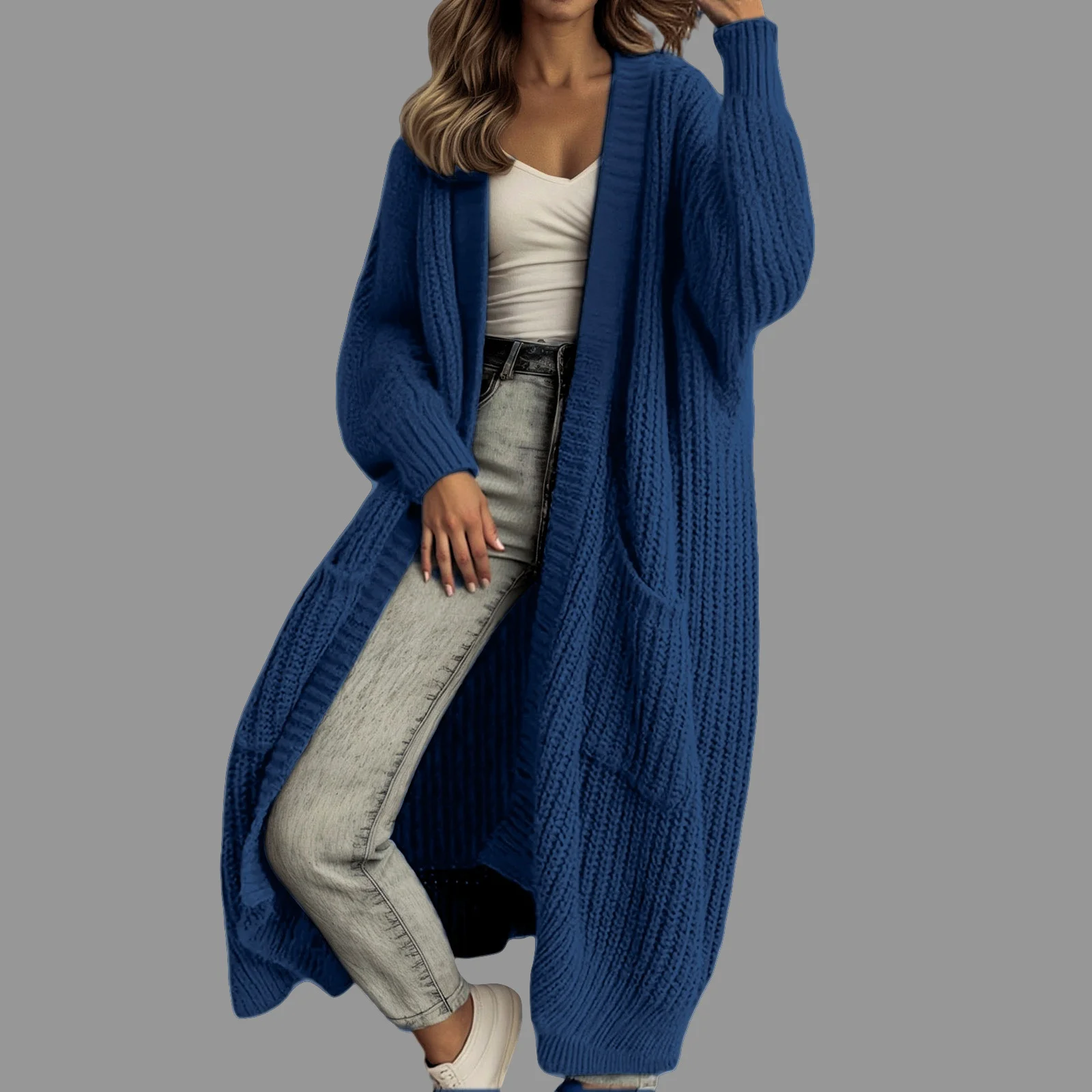 Women Oversized Long Knit Cardigan Open Front Long Sleeve Loose Casual Chunky Sweater Coat with Pockets for Fa