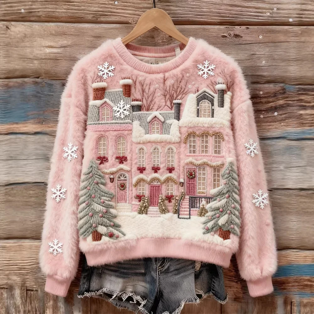 Womens 3d Digitalprint Flannel Crewneck Sweatshirt for Fallwinter