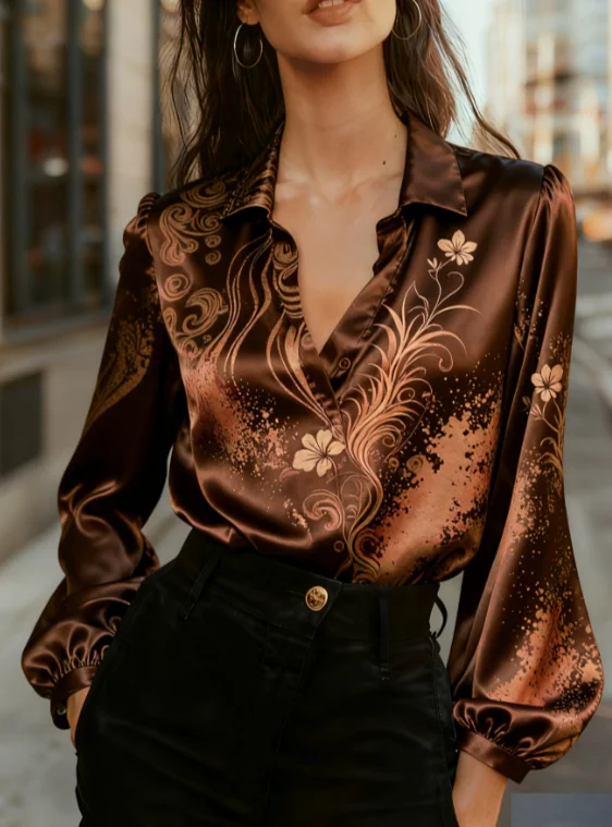 Women's American Retro Print Collared Long Sleeve Loose Satin Shirt
