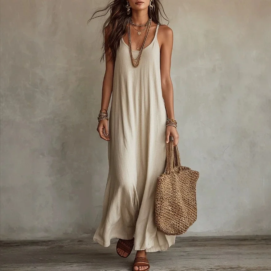 Womens Bohemian Loose-fit Solid-color Dress