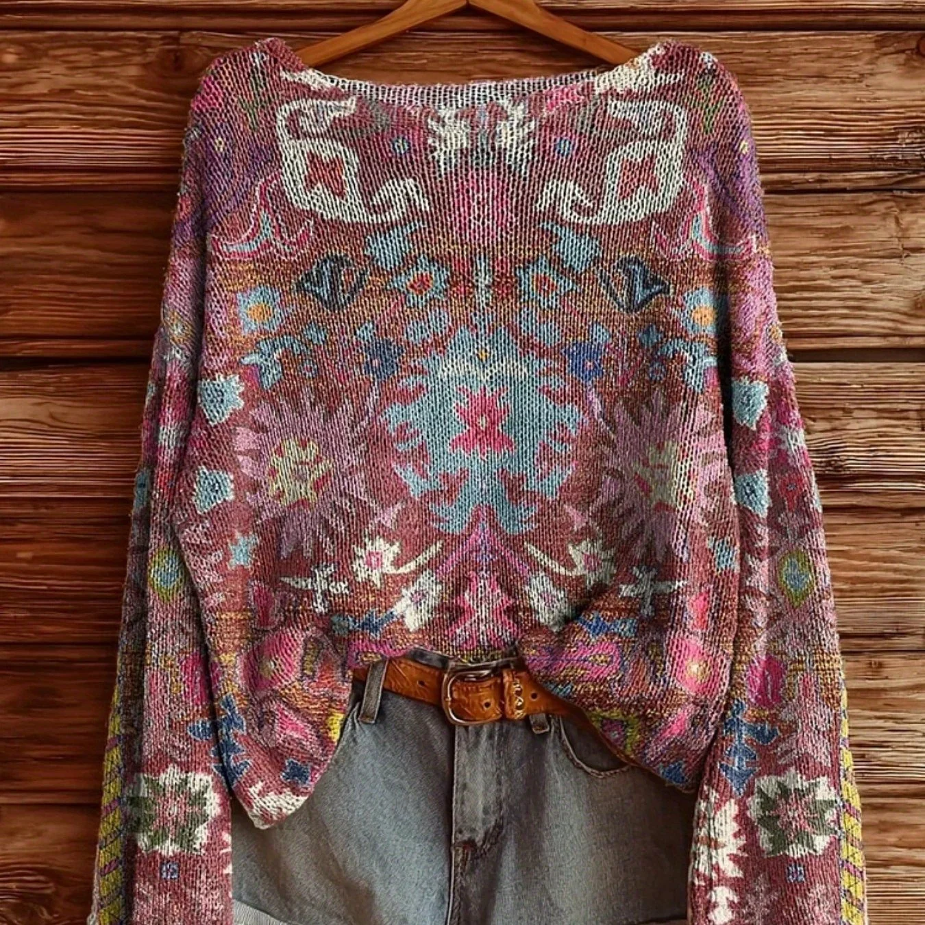 Women's Bohemian Vintage Floral Sweater - Oversized Crew Neck Warm Winter Pullover with Multicolor Floral Prin