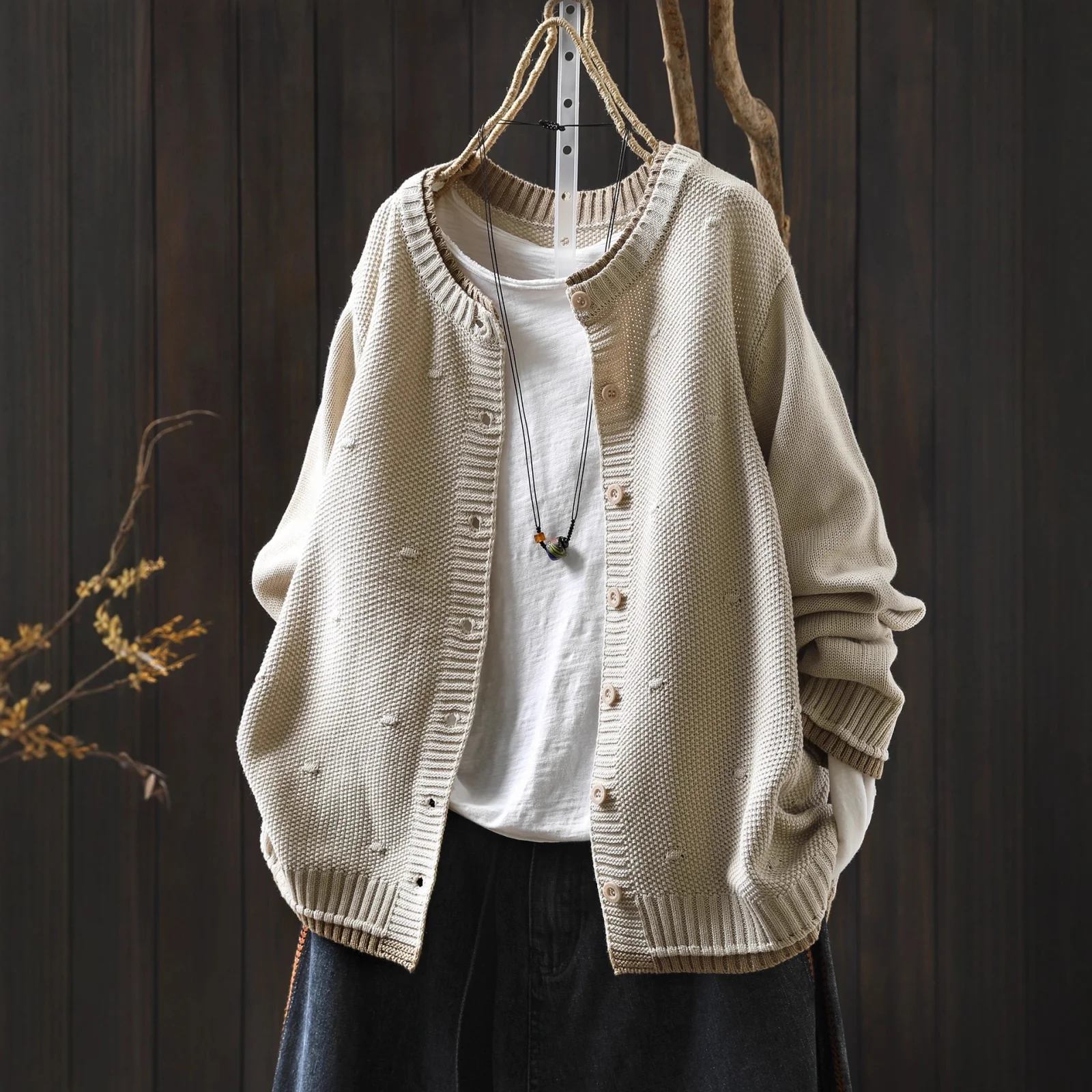 Women's Cardigan Sweater Coat Color Block Cotton Thread Knitting Retro Casual