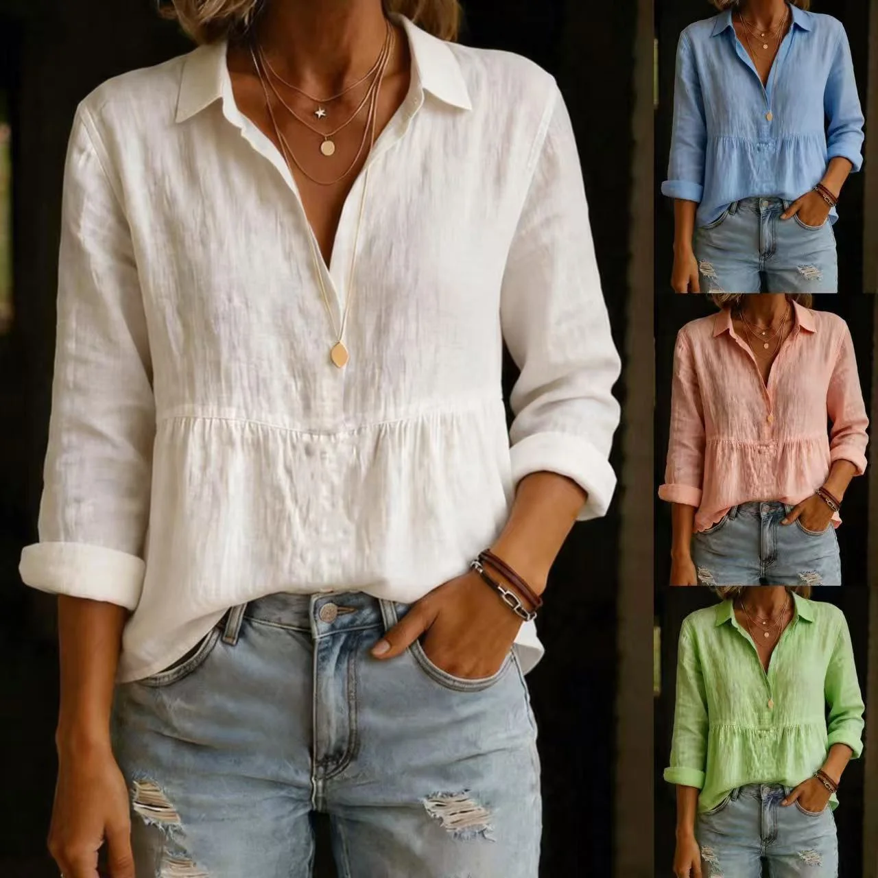 Womens Casual Cotton And Linen Long-Sleeve Shirt