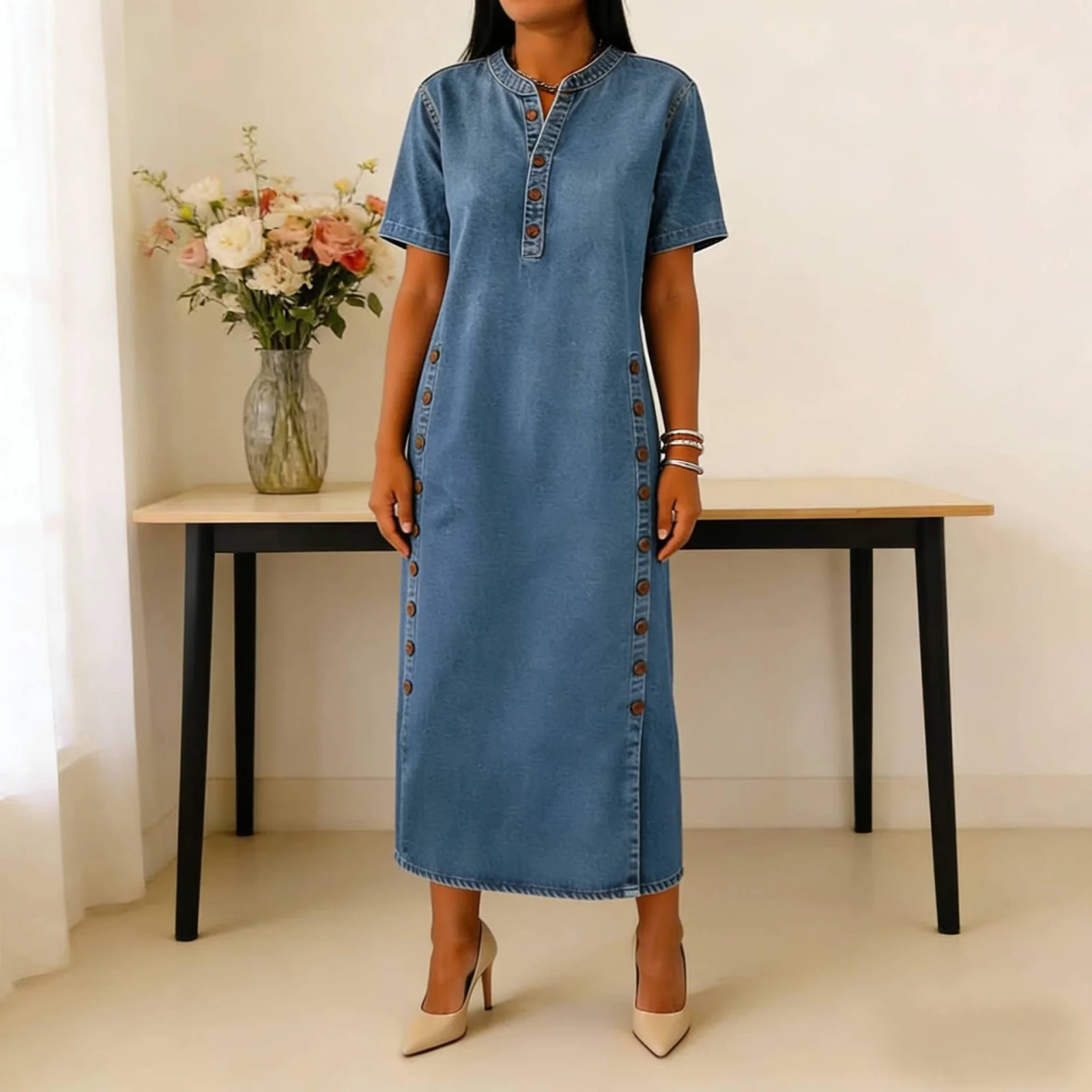 Womens Casual Denim Dress with Multiple Buttons