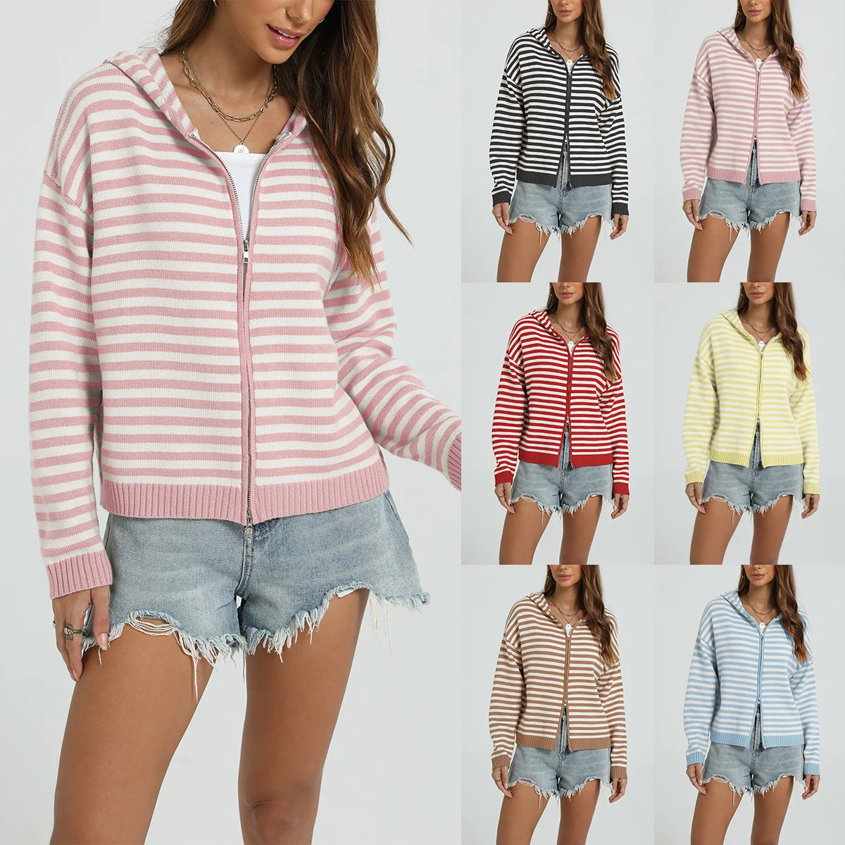 Womens Casual Hooded Knit Cardigan Sweater