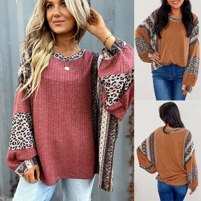 Women's Casual Shirt Contrast Color Striped Round Neck Sleeve Loose Sweater