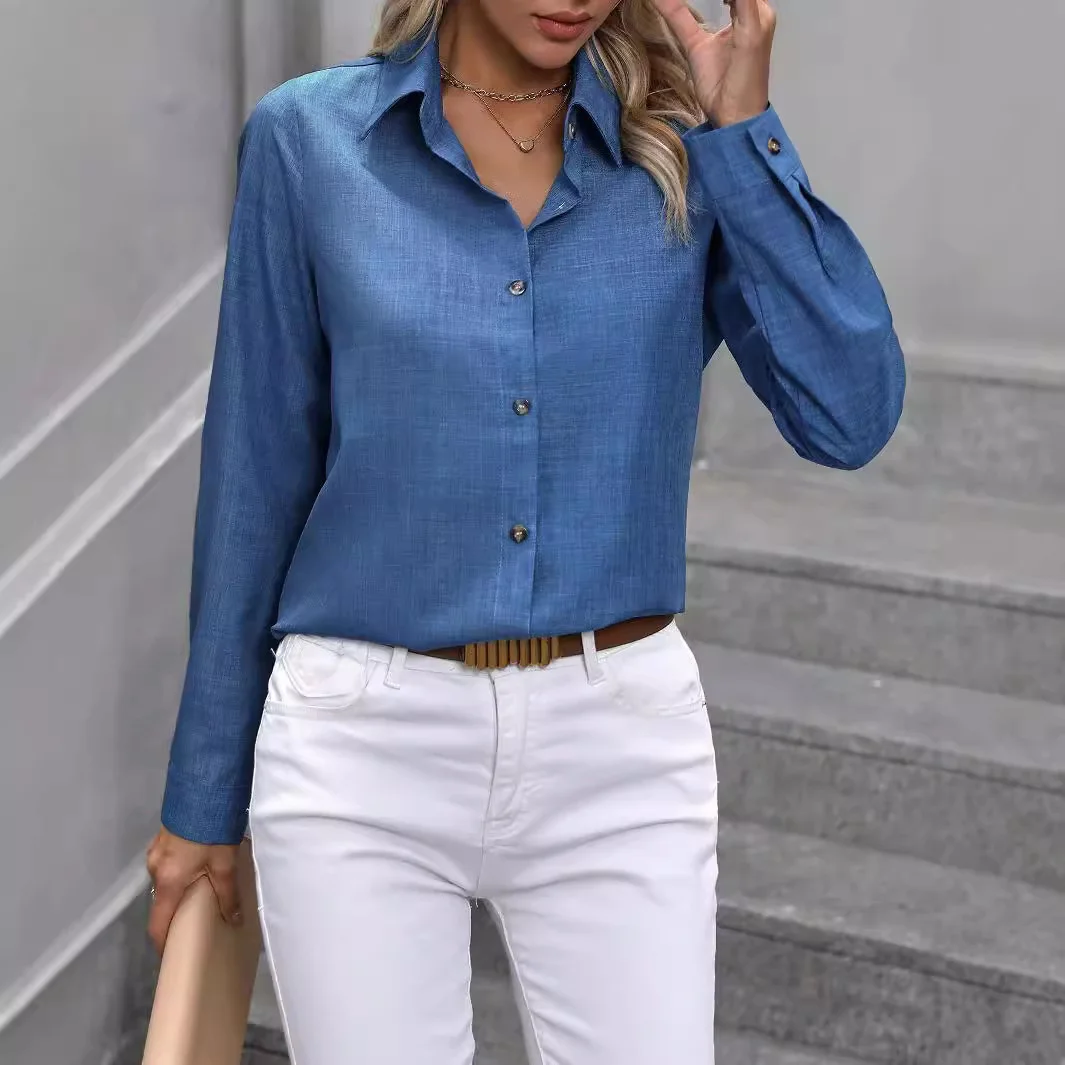 Women's Casual Single-breasted Solid Color Color Matching Long Sleeve Lapel Shirt