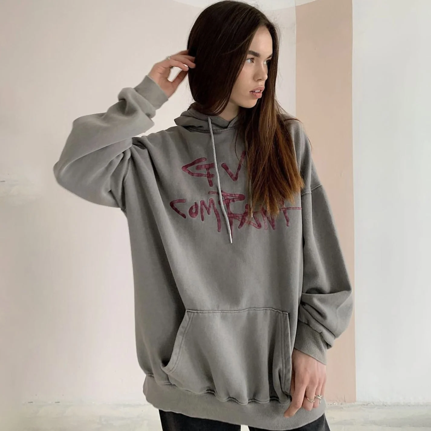 Women's Contrast Color Letter Print Casual Hooded Coat
