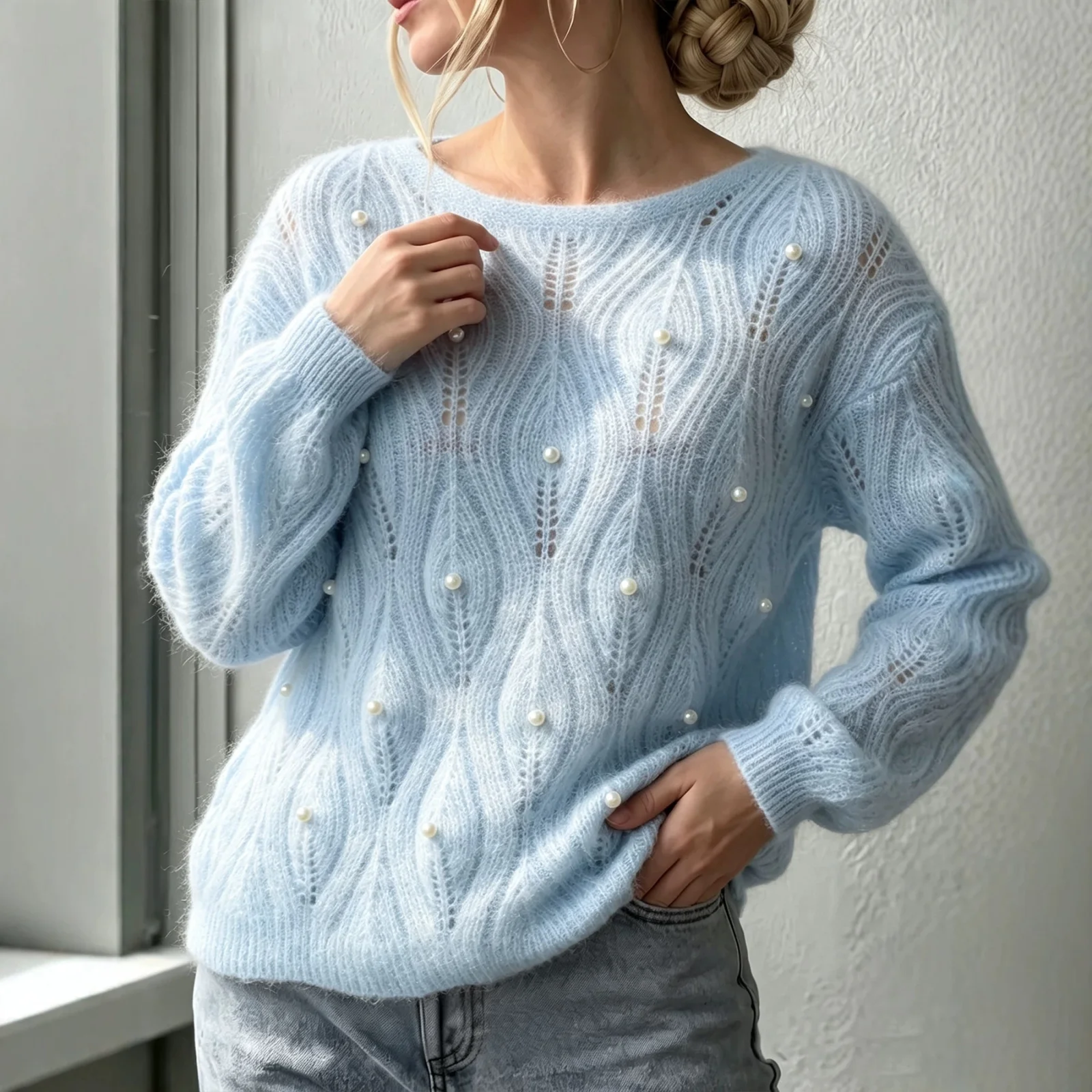 Womens Crew-neck Long-sleeve Knit Sweater New for Fallwinter