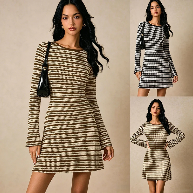 Womens Crew-neck Pullover Contrast-striped Knit Dress