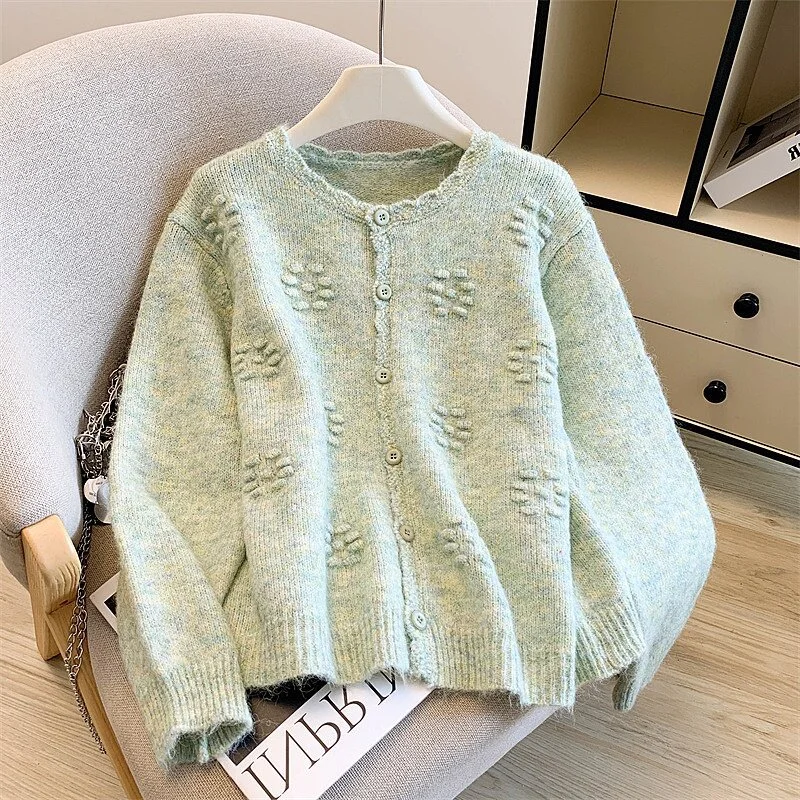 Womens Crew-neck Sweater Coat Loose-fitting Outerwear Knitted Cardigan