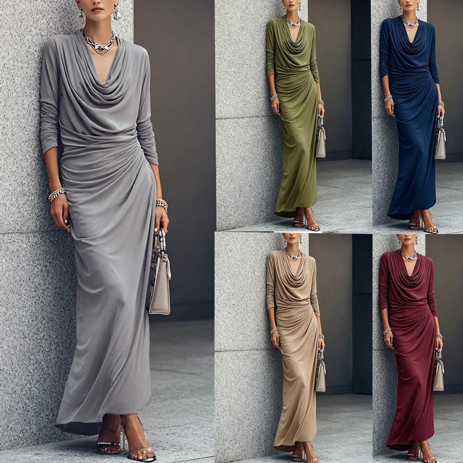 Women's Draped Boat-neck Long-sleeve Dress