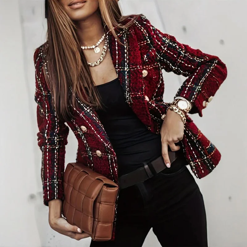 Women's Elegant Checkered Long Sleeve Blazer - Double-Breasted Printed Trench Coat For Fall&Winter, Office & C