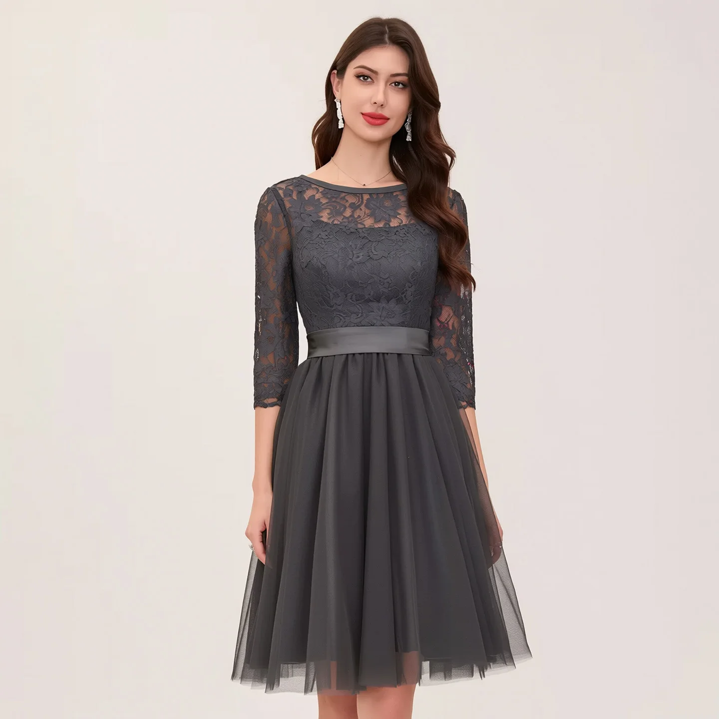 Womens Elegant Figure-flattering Slimming Long-sleeve Crew-neck Dress
