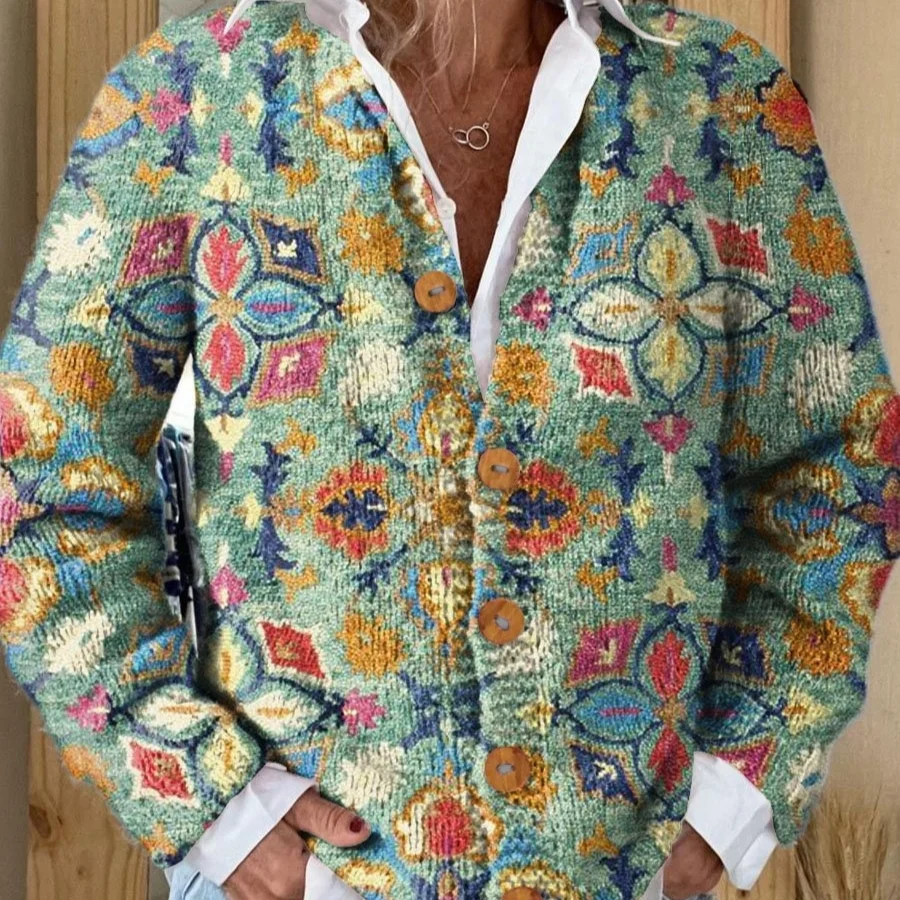 Women's Fashion 3d Color Matching Pattern Printing Cardigan Knitted Coat